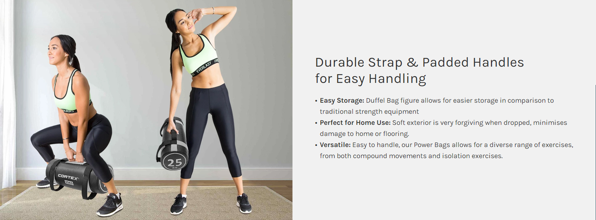 Person squatting with 25kg power bag